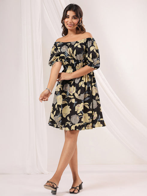 Janasya Women's Black Pure Cotton Floral Printed A-line Dress